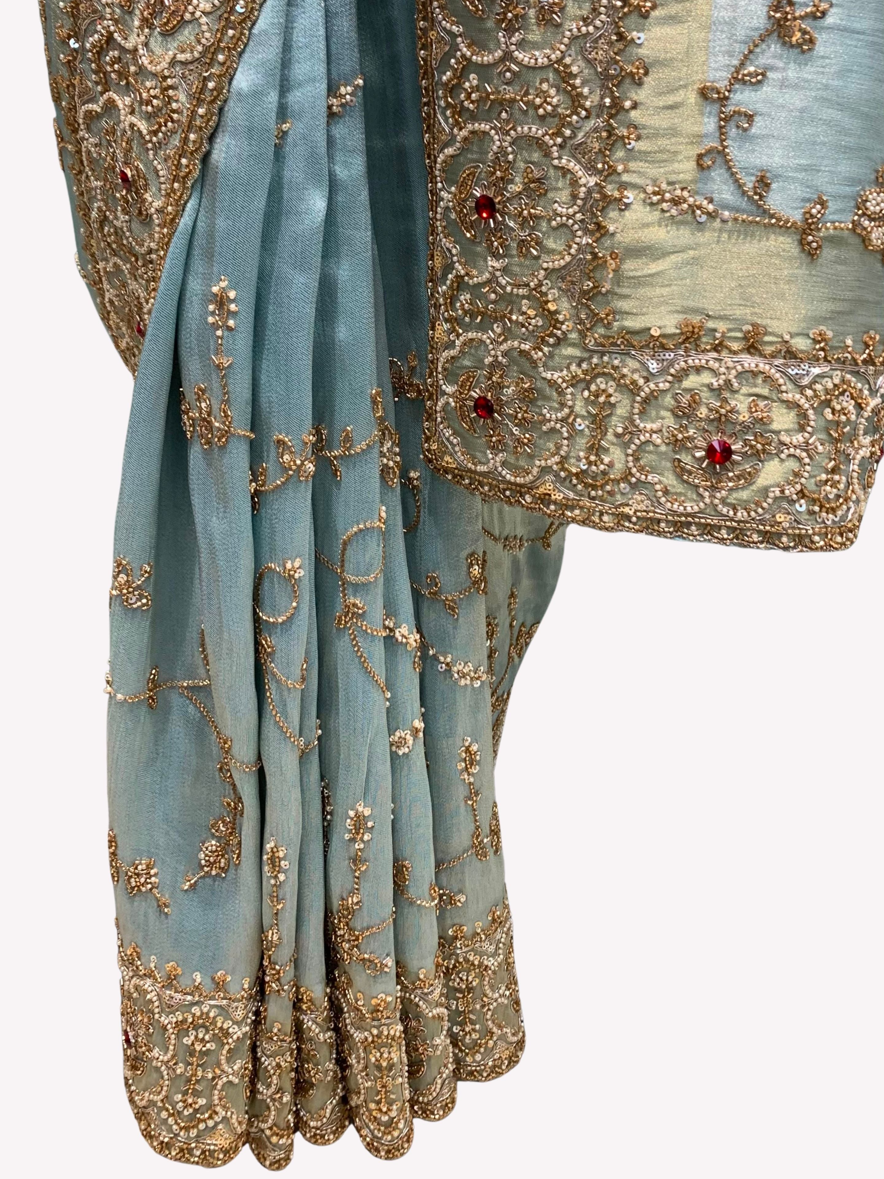 Sky Blue Tissue Unstitched Saree Embellished With Sequins, Cutdana, Moti & Stone Work